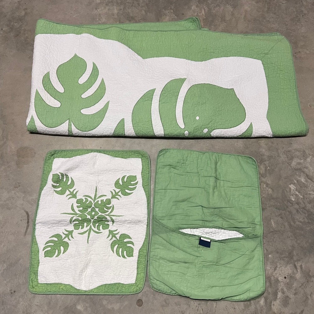 Tommy Bahama Home Green White Monstera Leaf Tropical Quilt Set 3pc Full Queen